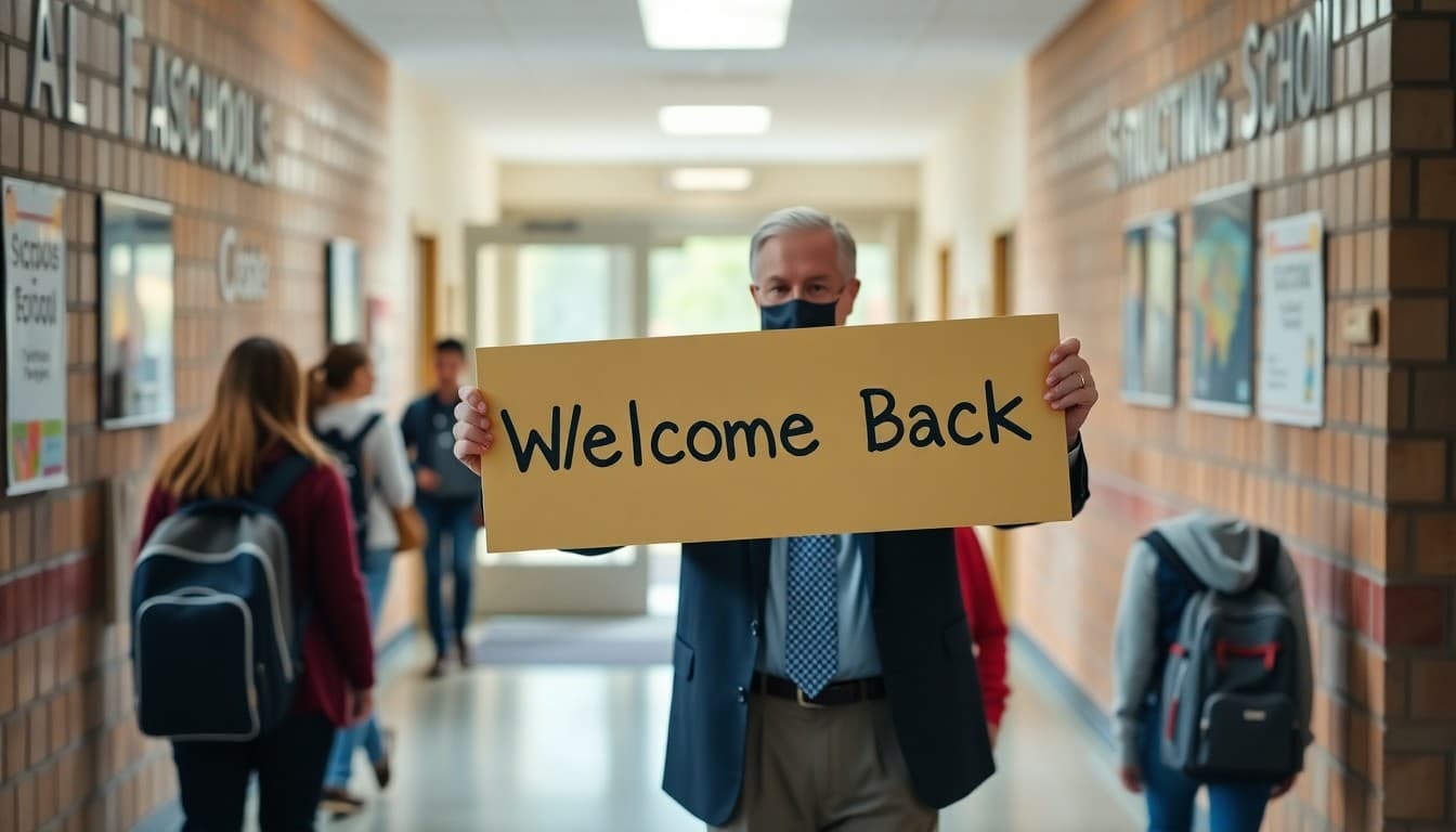 School principal holding up a welcome back sign at the school entrance on the first day