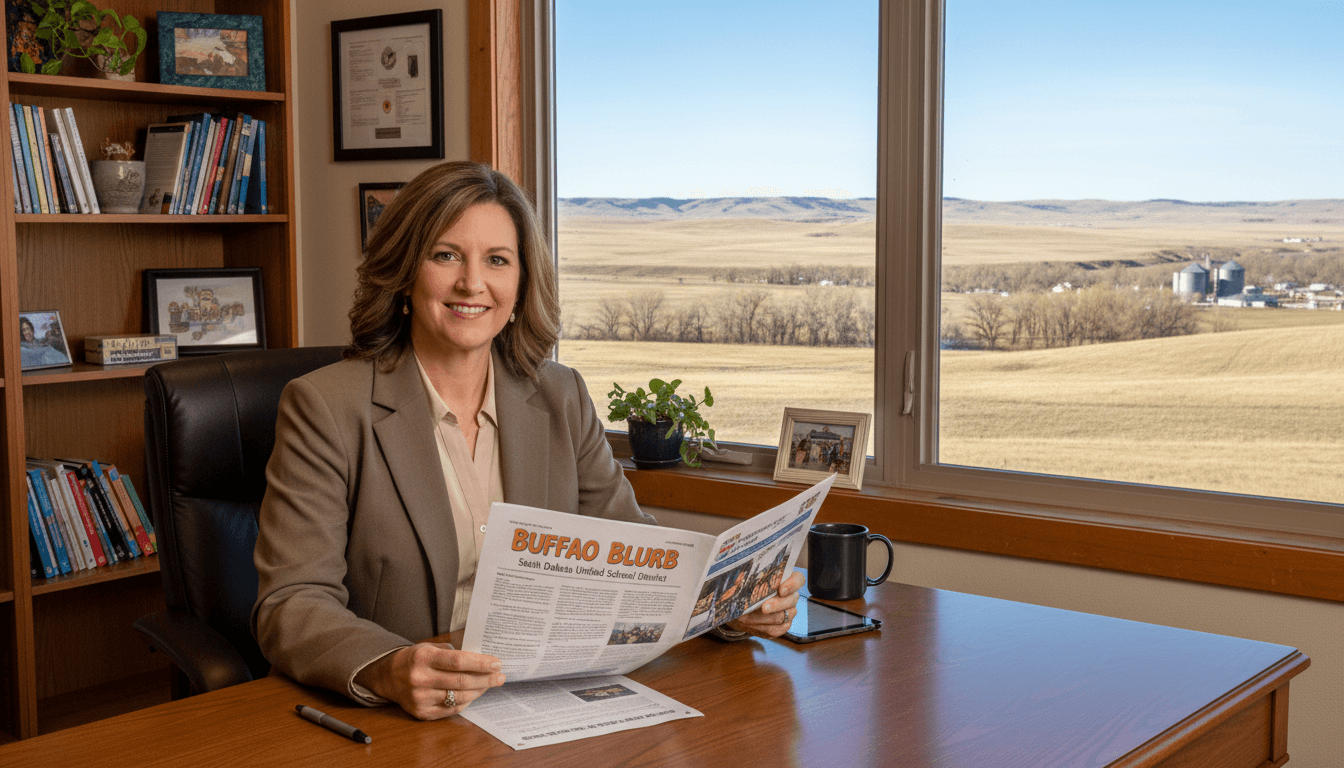 South Dakota school principal reviewing newsletter at desk with Great Plains landscape visible through window