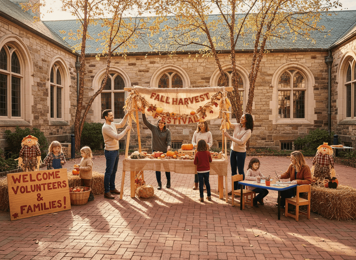 Volunteer parents setting up a fall festival booth in the school courtyard