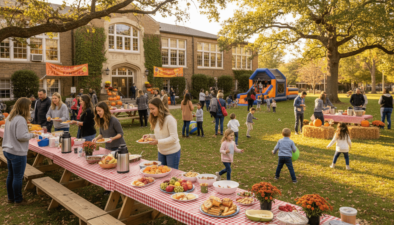 Families gathering at a school fall picnic in September with food tables and children playing on the lawn
