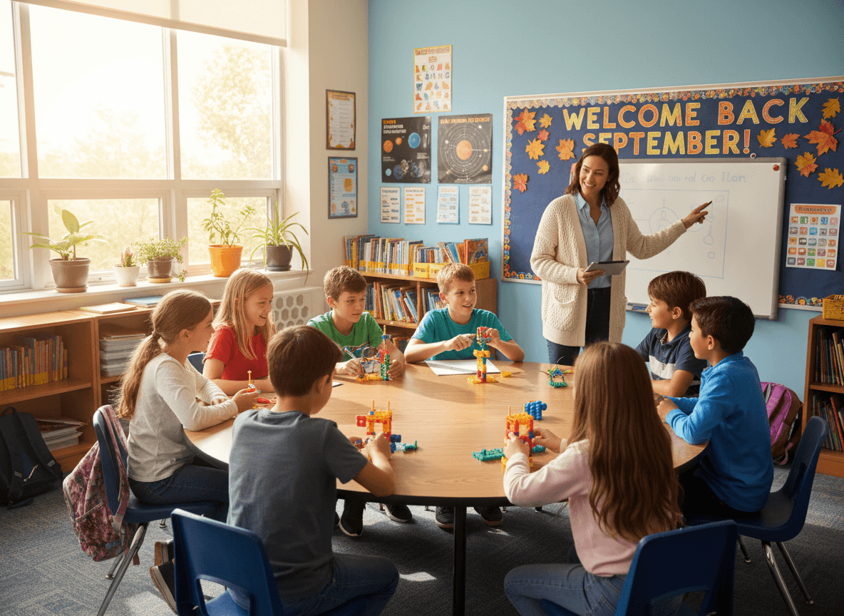 Students participating in a September classroom activity with teacher guiding lesson