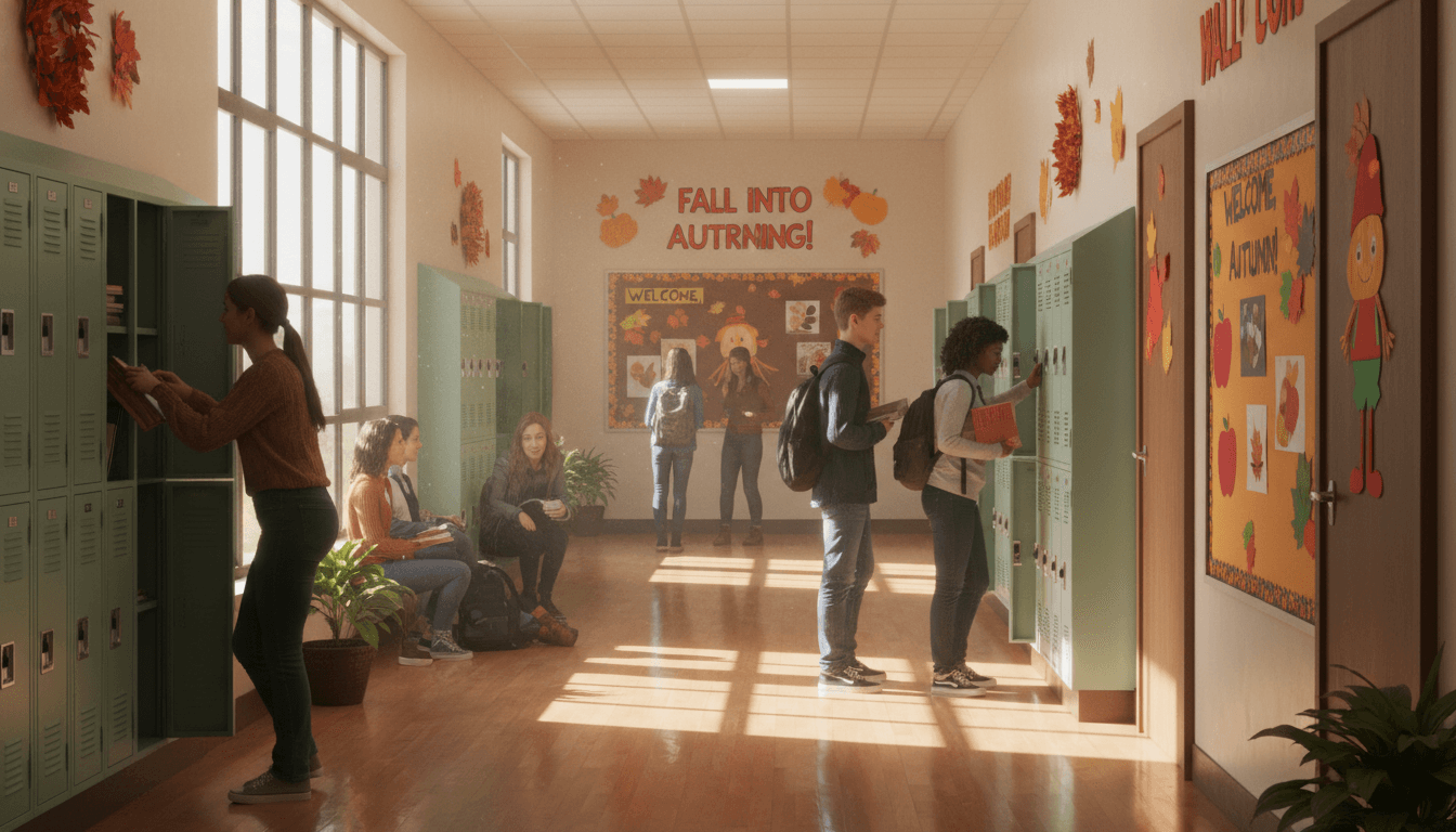 School hallway in September with students at lockers and fall decorations on classroom doors