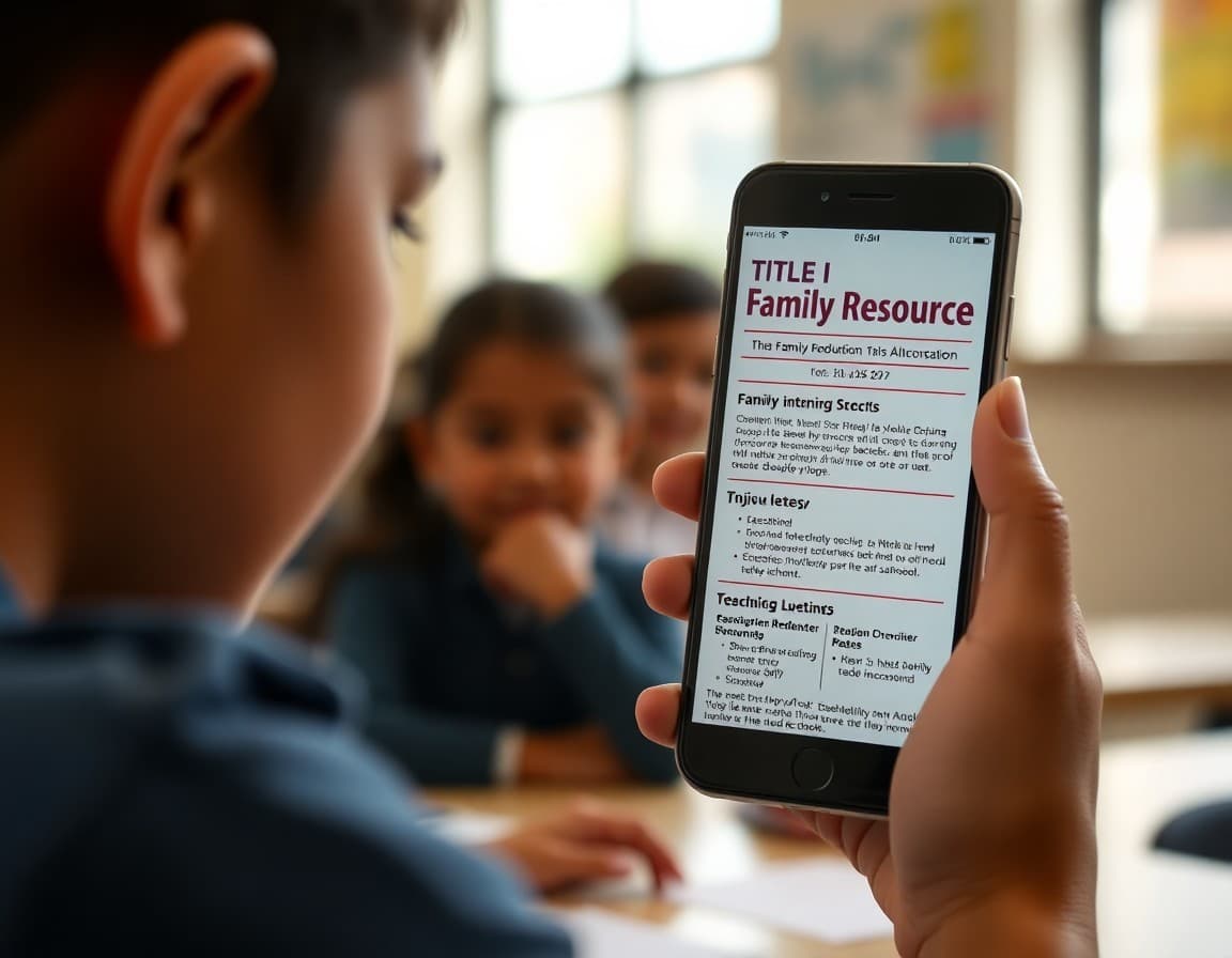 Title I school newsletter on a phone showing family resource information and events