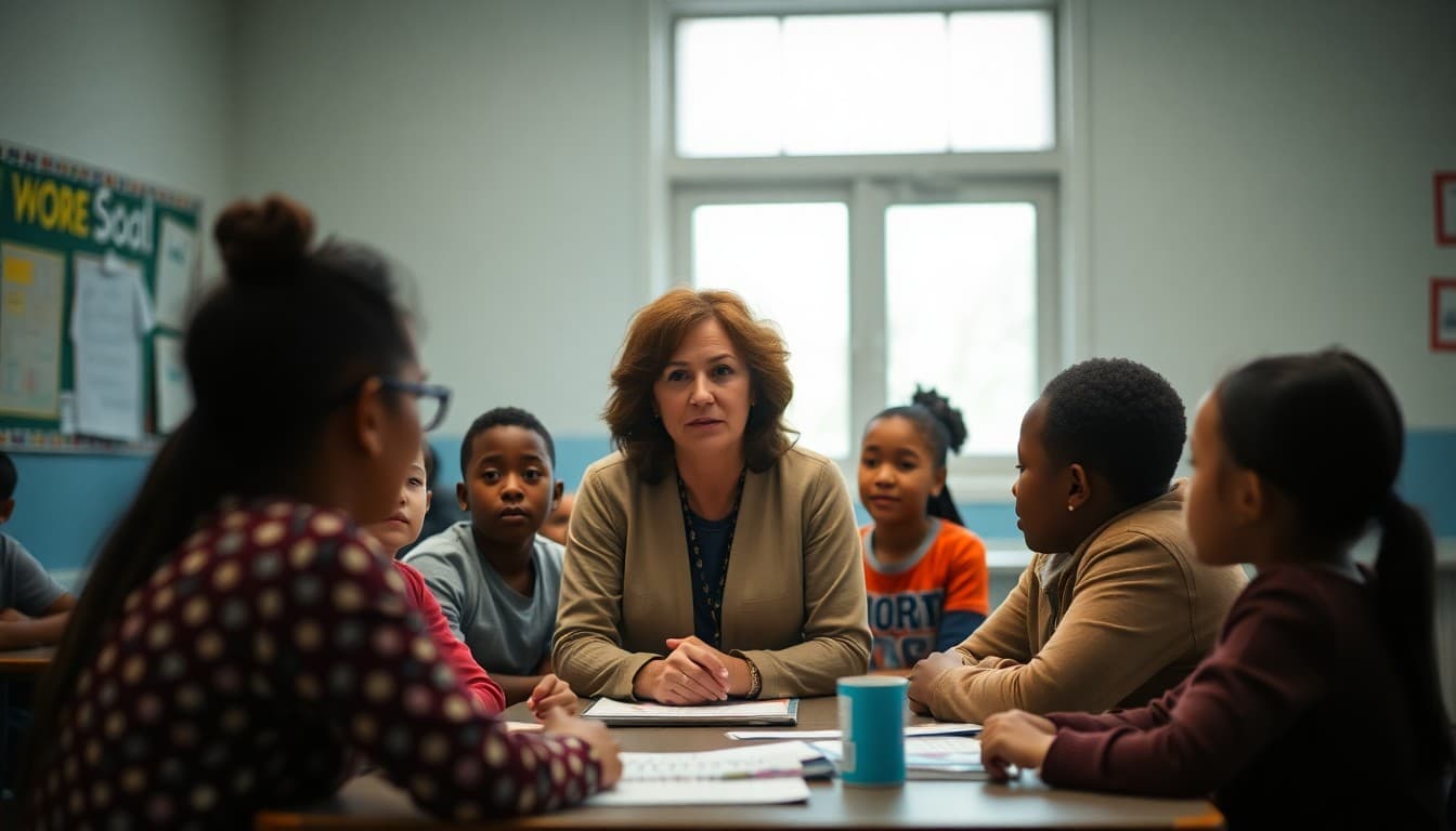 Title I school principal meeting with families at a community engagement event