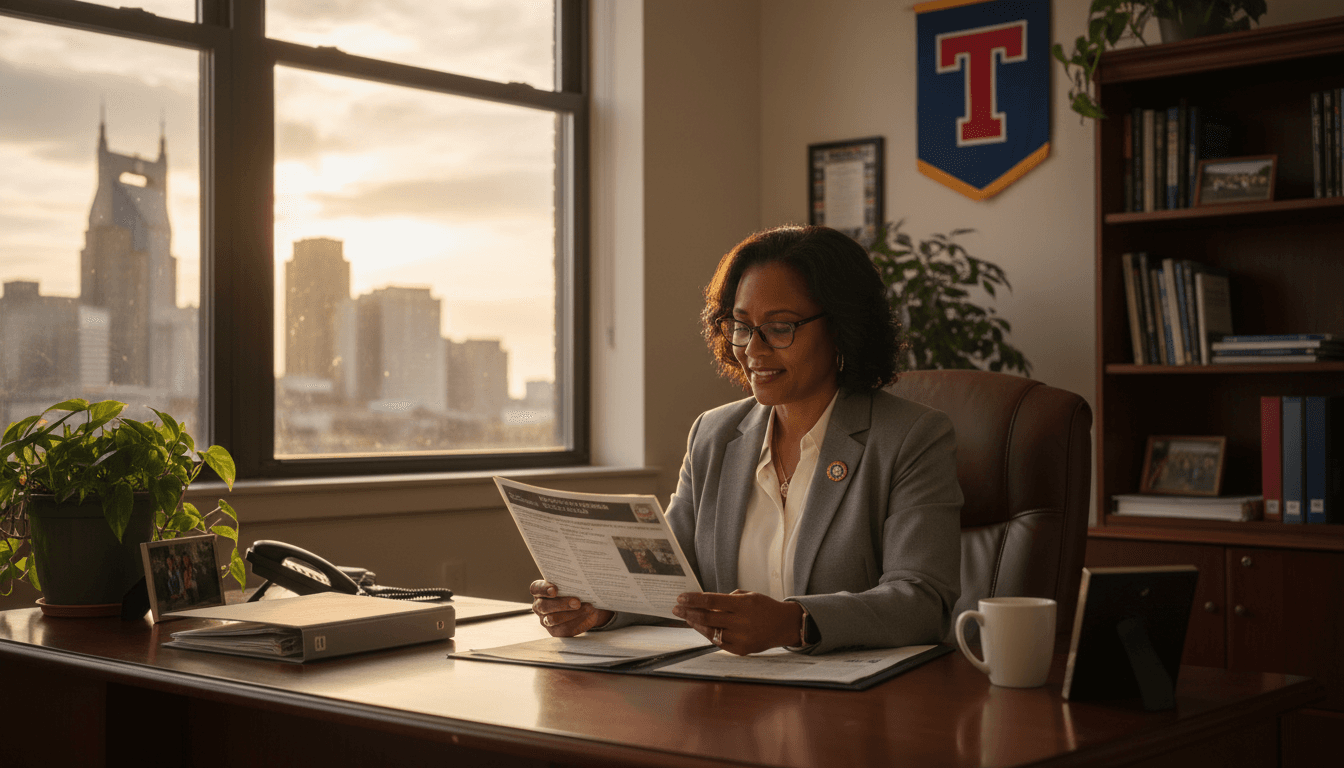 Tennessee school principal reviewing newsletter at desk with Nashville skyline visible through window