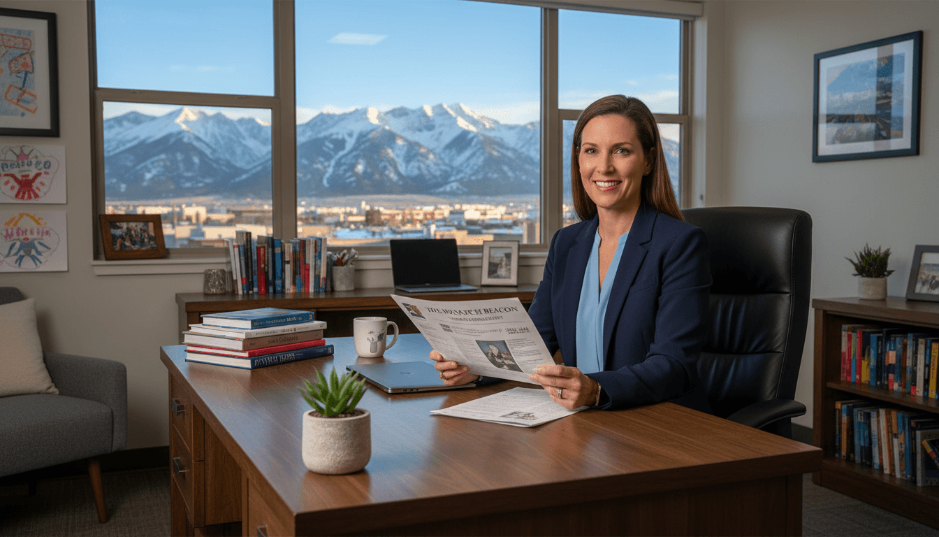 Utah school principal reviewing newsletter at desk with Wasatch Mountains visible through window