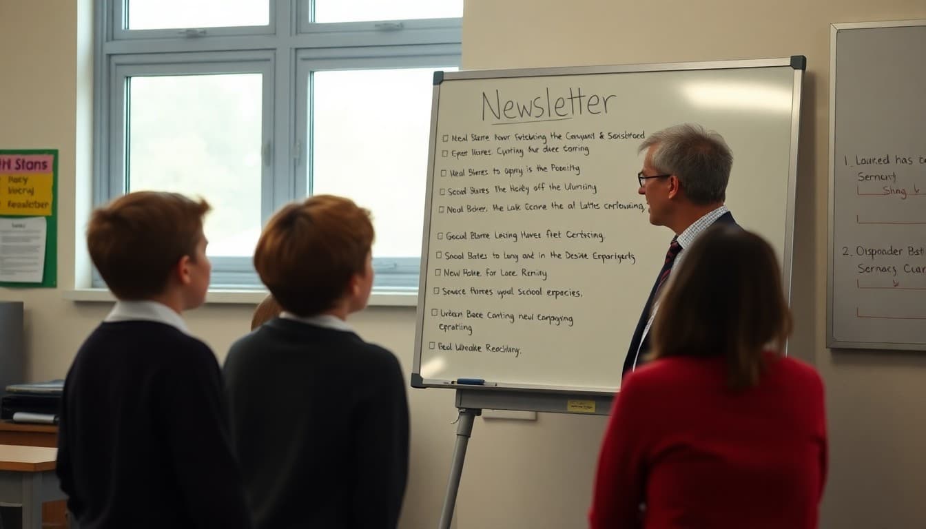 Principal reviewing a structured list of newsletter sections on a whiteboard