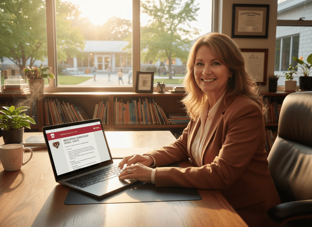 Wisconsin principal sending newsletter to families on laptop