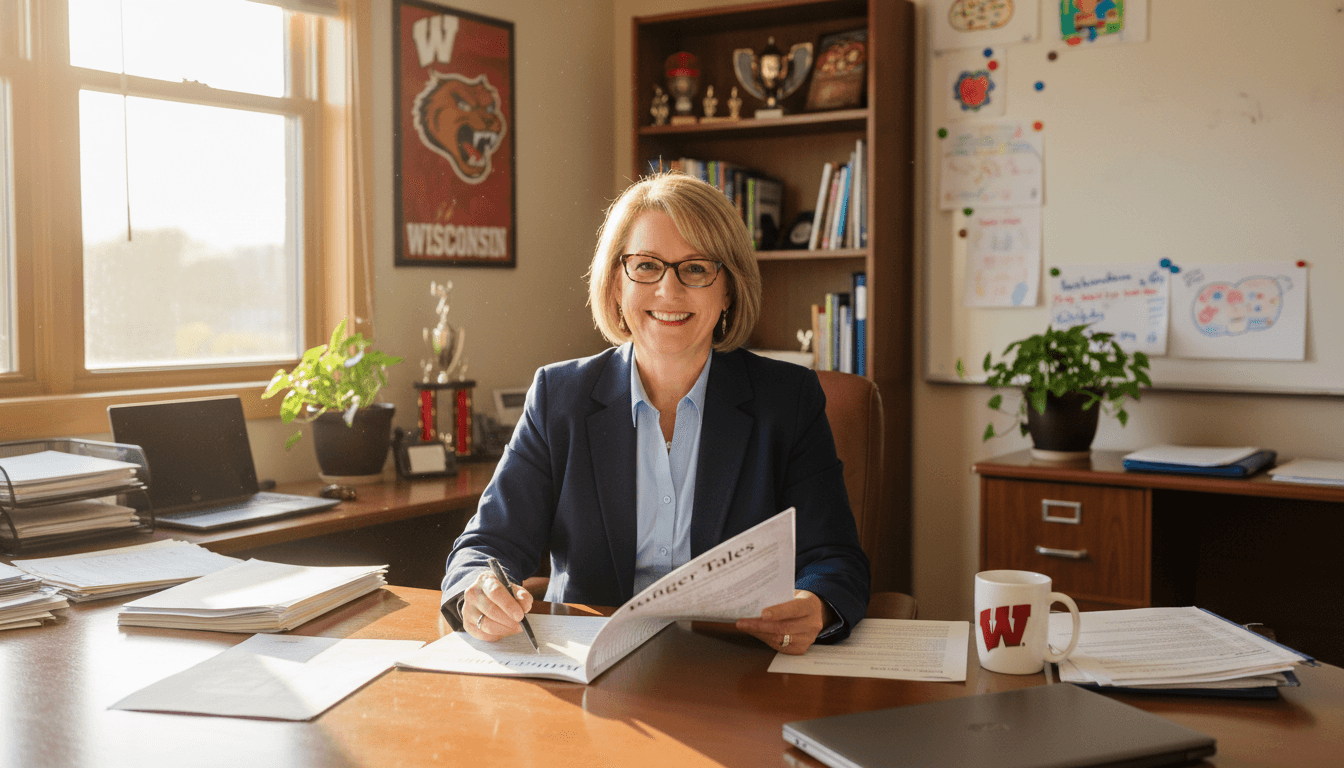 Wisconsin school principal reviewing newsletter at desk
