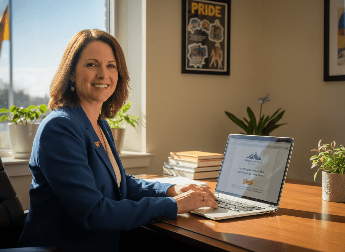 West Virginia principal sending newsletter to school community on laptop