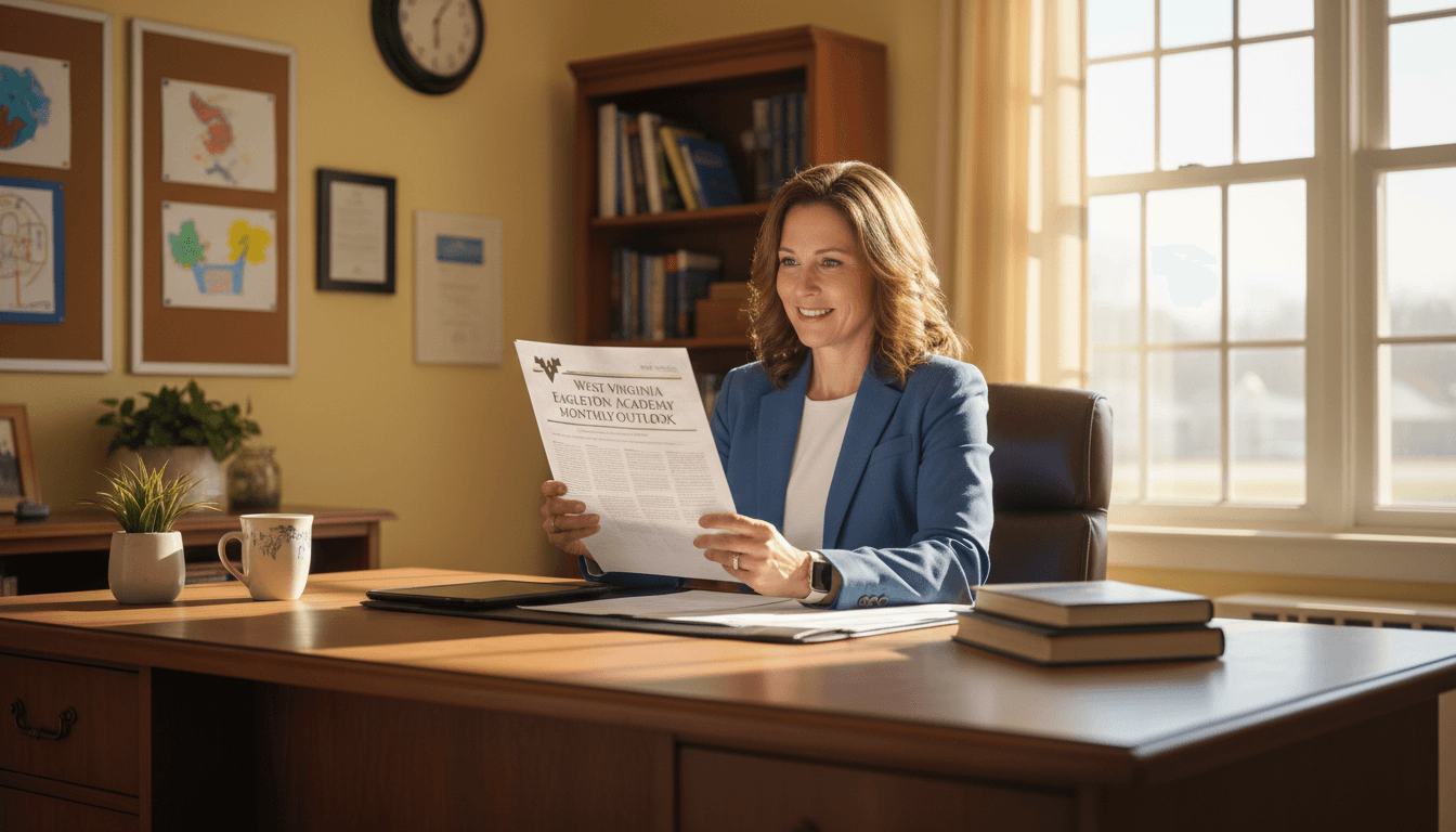 West Virginia school principal reviewing newsletter at desk