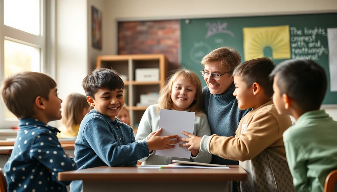Teacher and students celebrating a classroom achievement together in a close-knit learning community