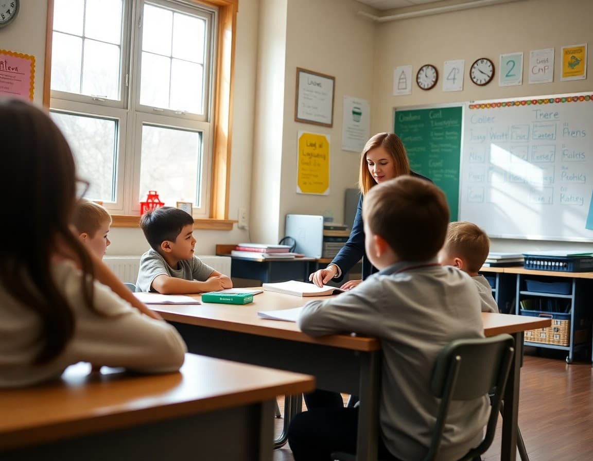 Teacher working with small groups in differentiated instruction classroom setting