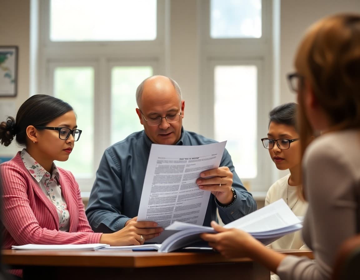 School administrator preparing detailed faculty meeting preparation newsletter for teachers