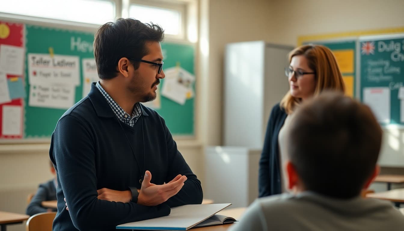 Instructional coach observing teacher lesson and giving supportive feedback