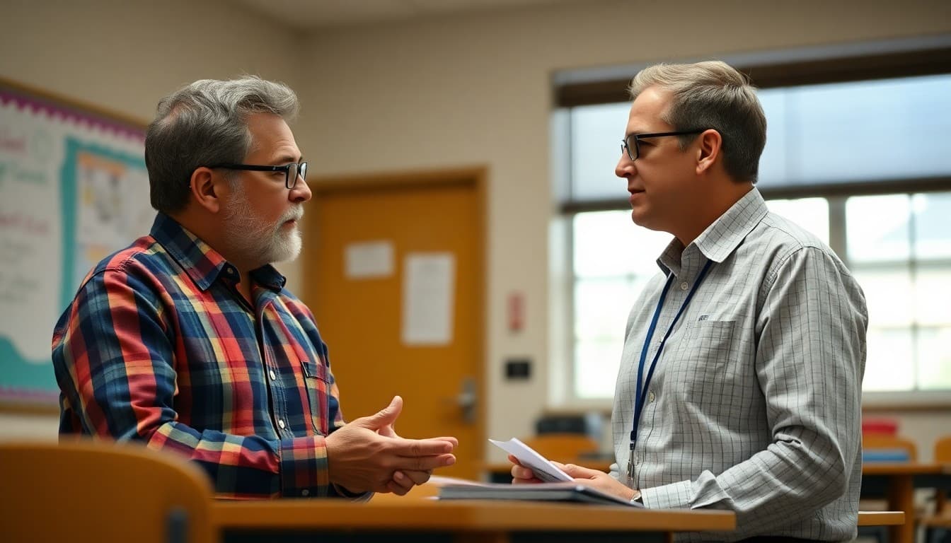 Veteran teacher mentoring new teacher in classroom walkthrough discussion