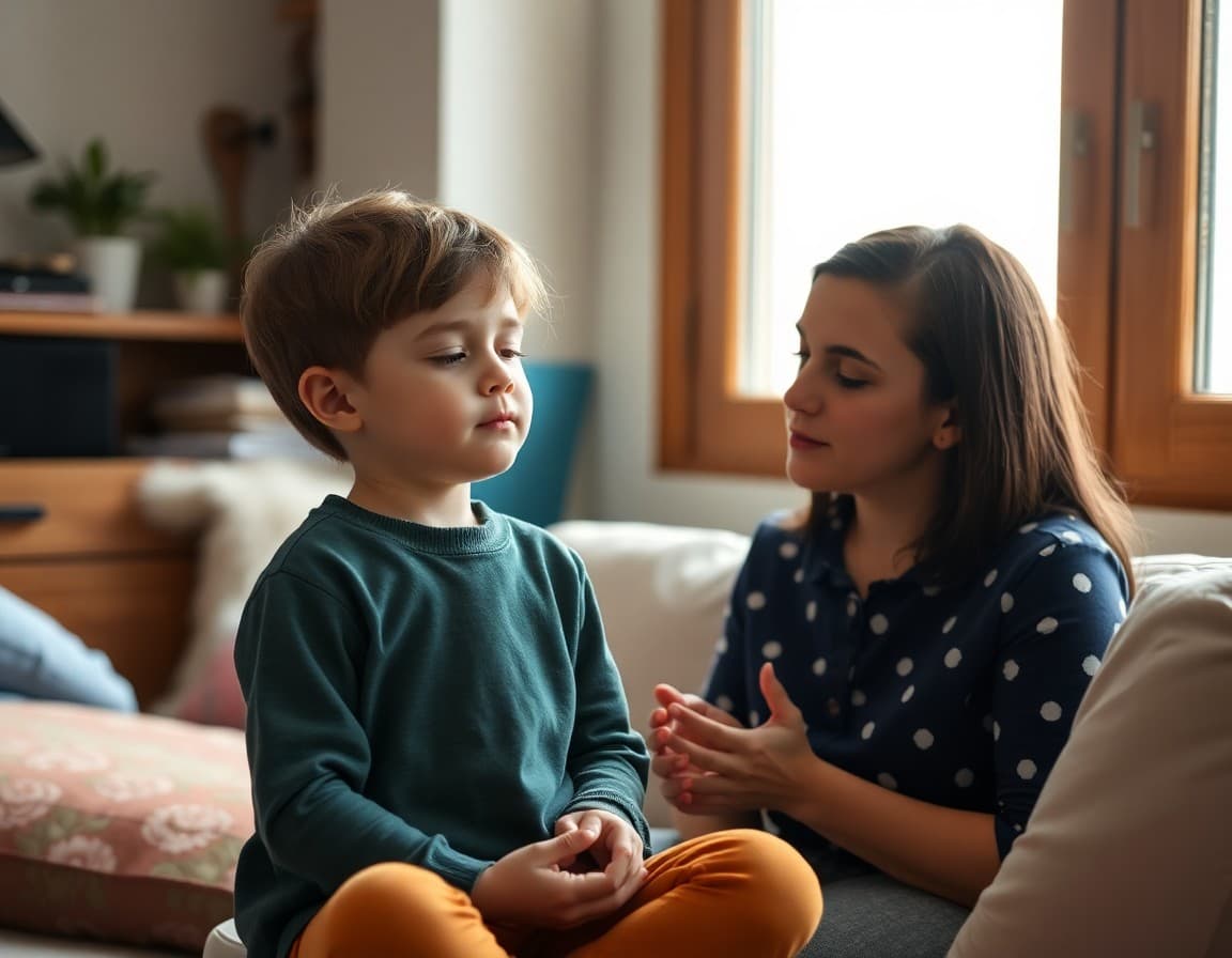 Child practicing mindful breathing at home with a parent using a breathing card from school