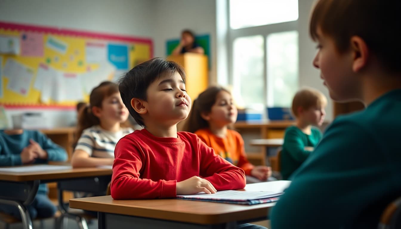 Students participating in a guided mindfulness breathing exercise in a calm elementary school classroom