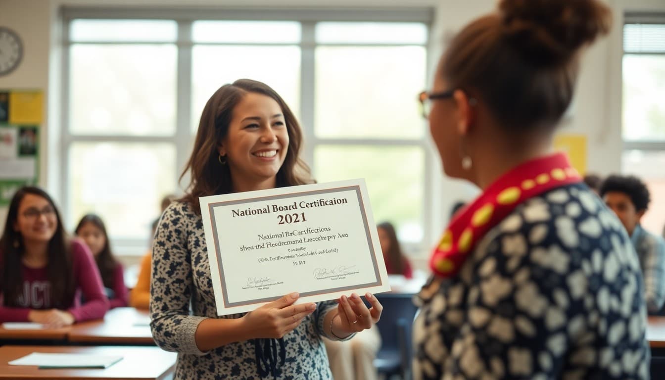 Teacher celebrating National Board Certification achievement at school
