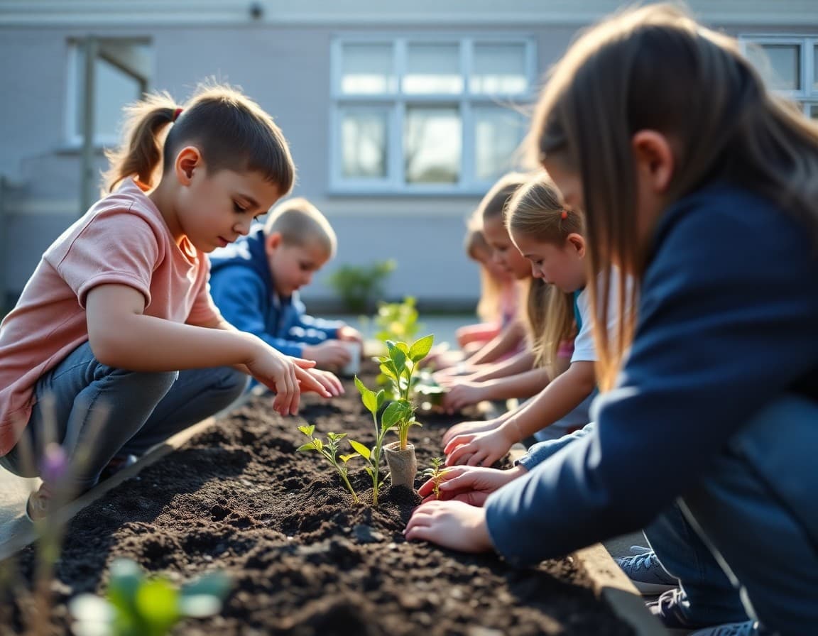 Students doing Earth Day planting activities outdoors at their school in April