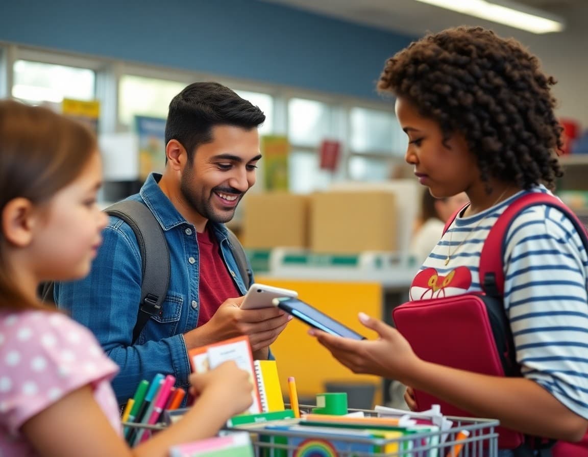 Family shopping for school supplies in August with a new teacher newsletter on their phone
