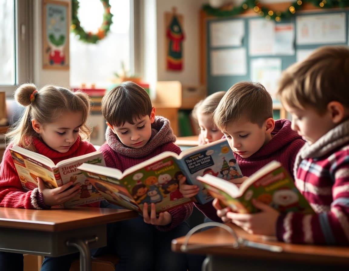 Students sharing winter reading books in a cozy classroom in December
