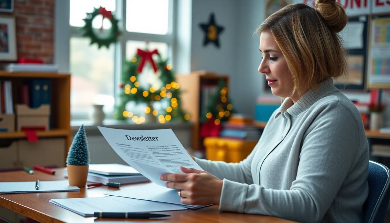 Teacher preparing a December newsletter with winter break details and semester highlights at a festively decorated desk