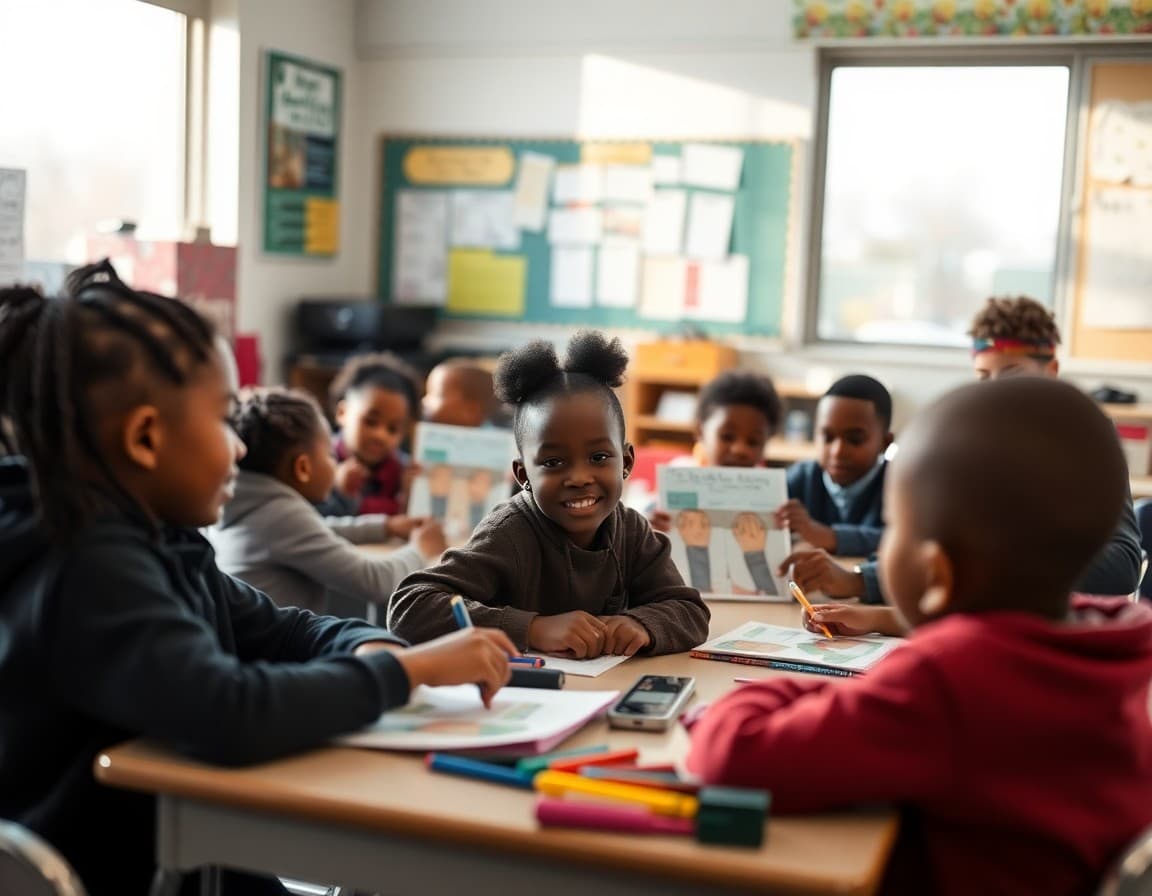 Students creating Black History Month projects in an elementary classroom in February