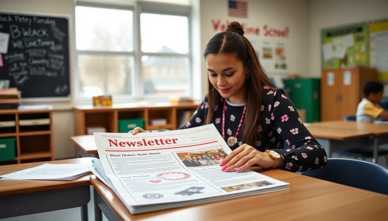 Teacher preparing a February newsletter with Black History Month and Valentine's Day themes on a classroom desk