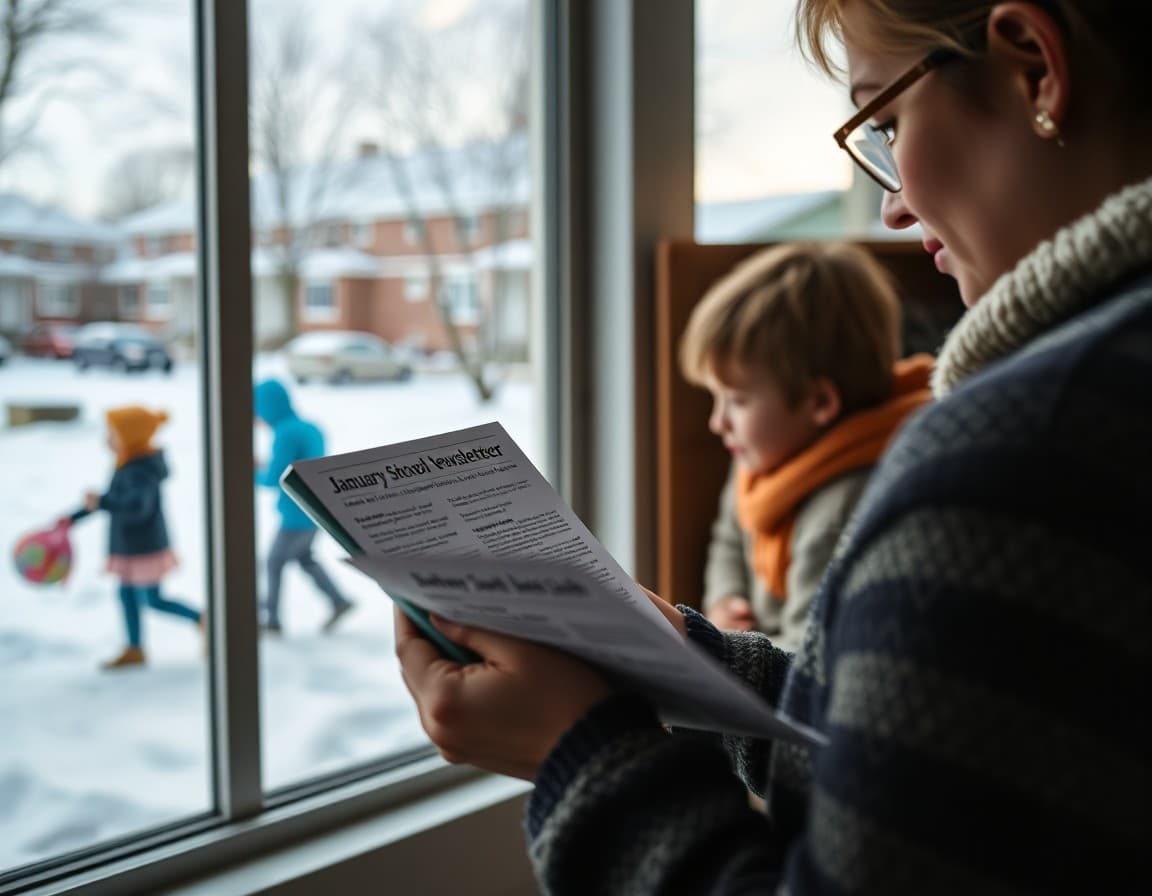 Parent reading a January school newsletter on a phone while children play in the snow outside