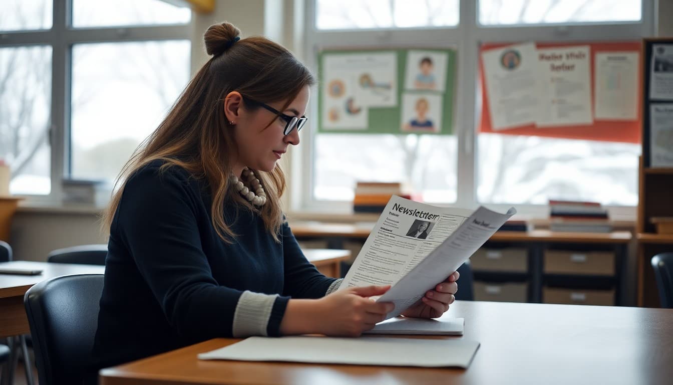Teacher at a desk in January reviewing a newsletter template with snow visible outside the classroom window