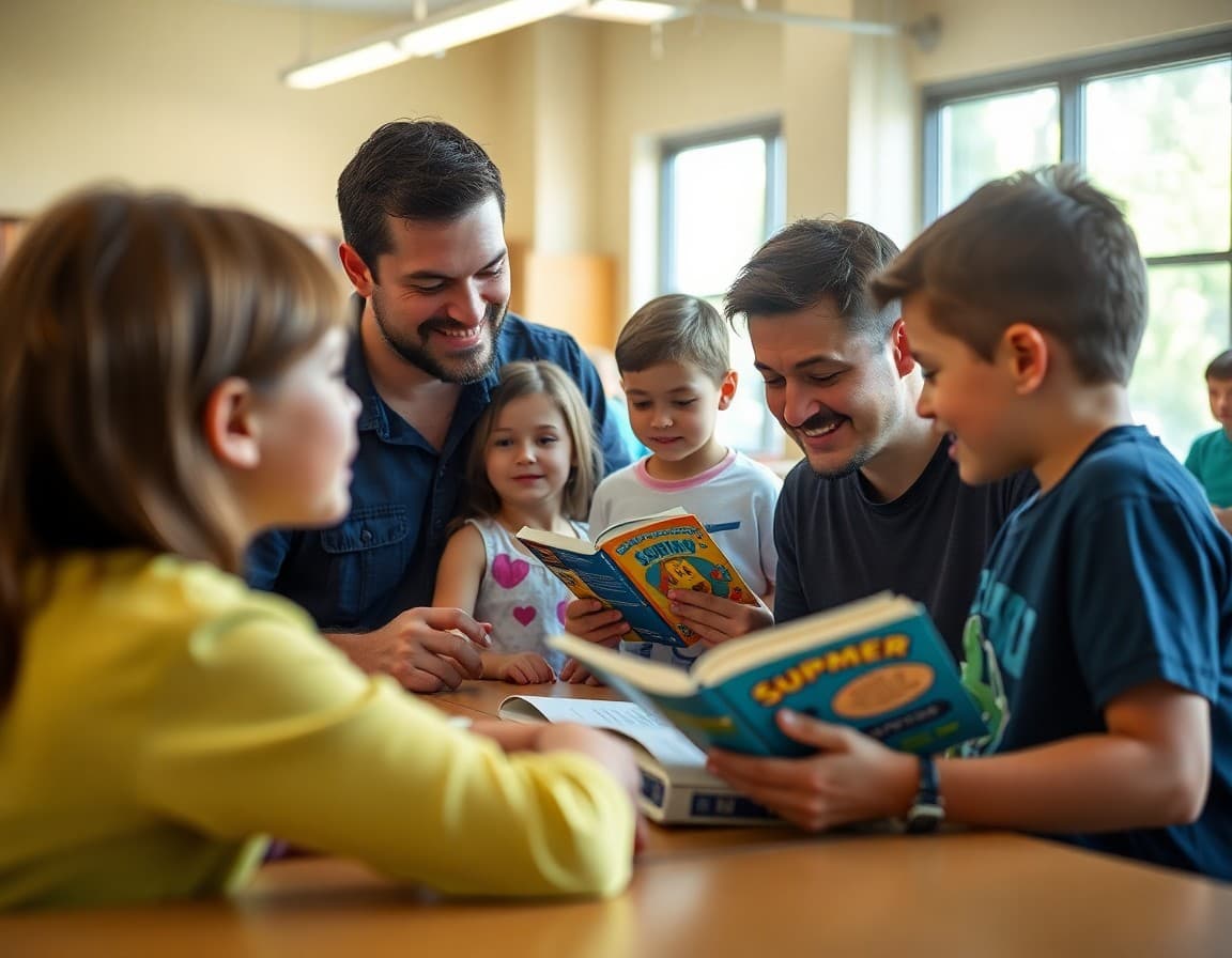 Family at a library in July participating in summer reading program activities