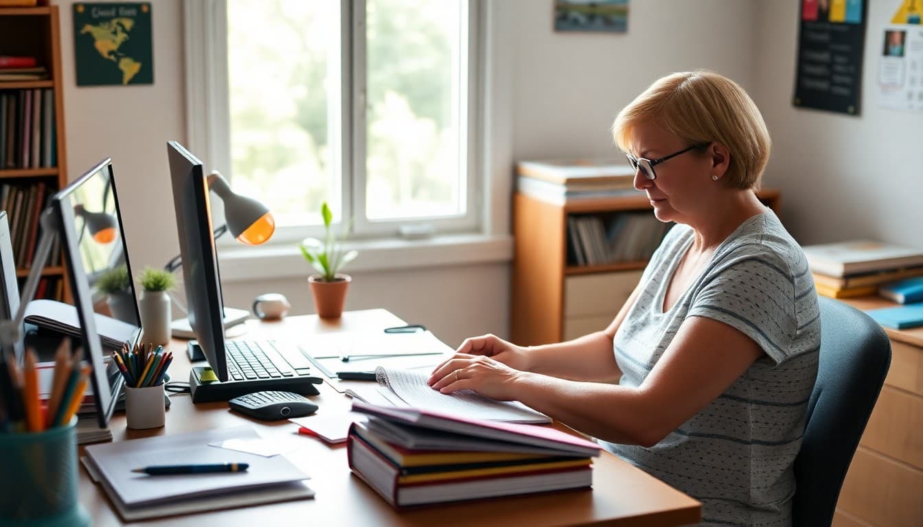 Teacher planning back-to-school newsletter content in July at a home desk with school planning materials