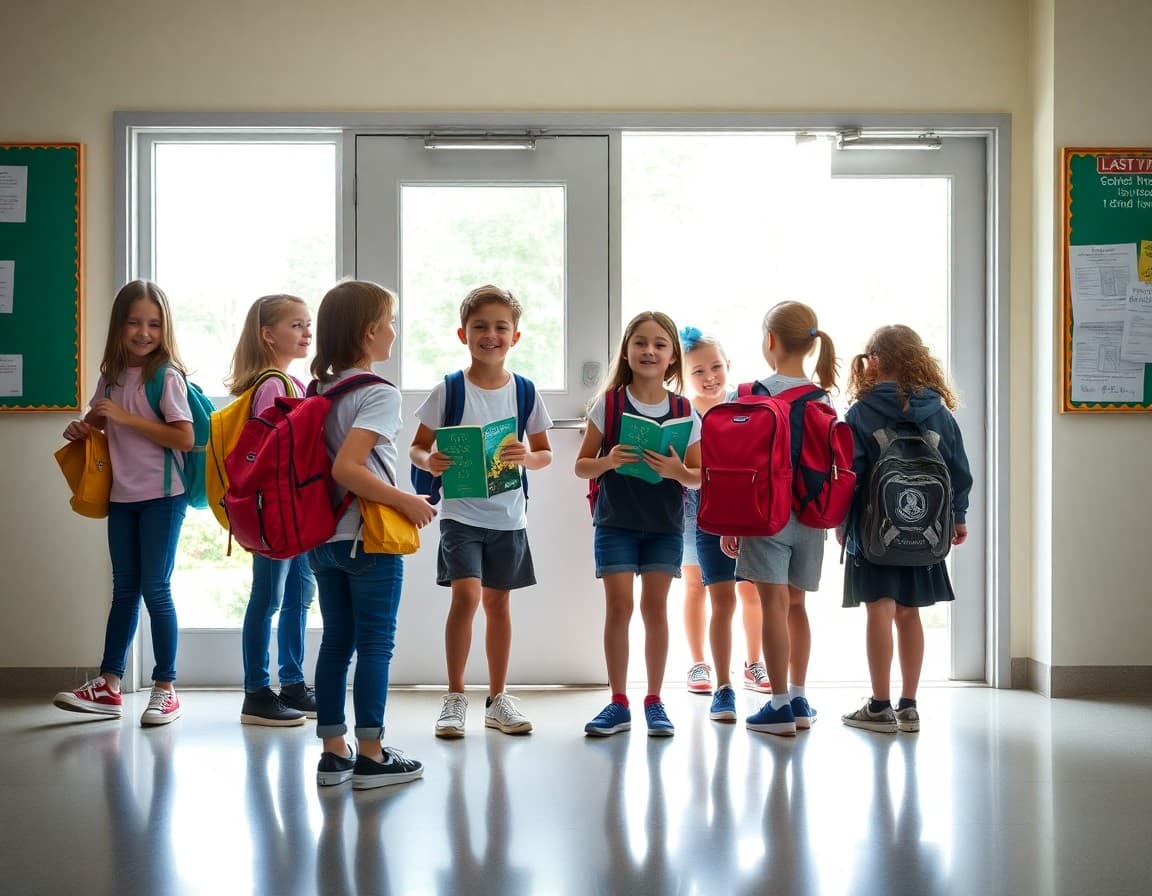 Students celebrating the last day of school with backpacks and summer books at the classroom door