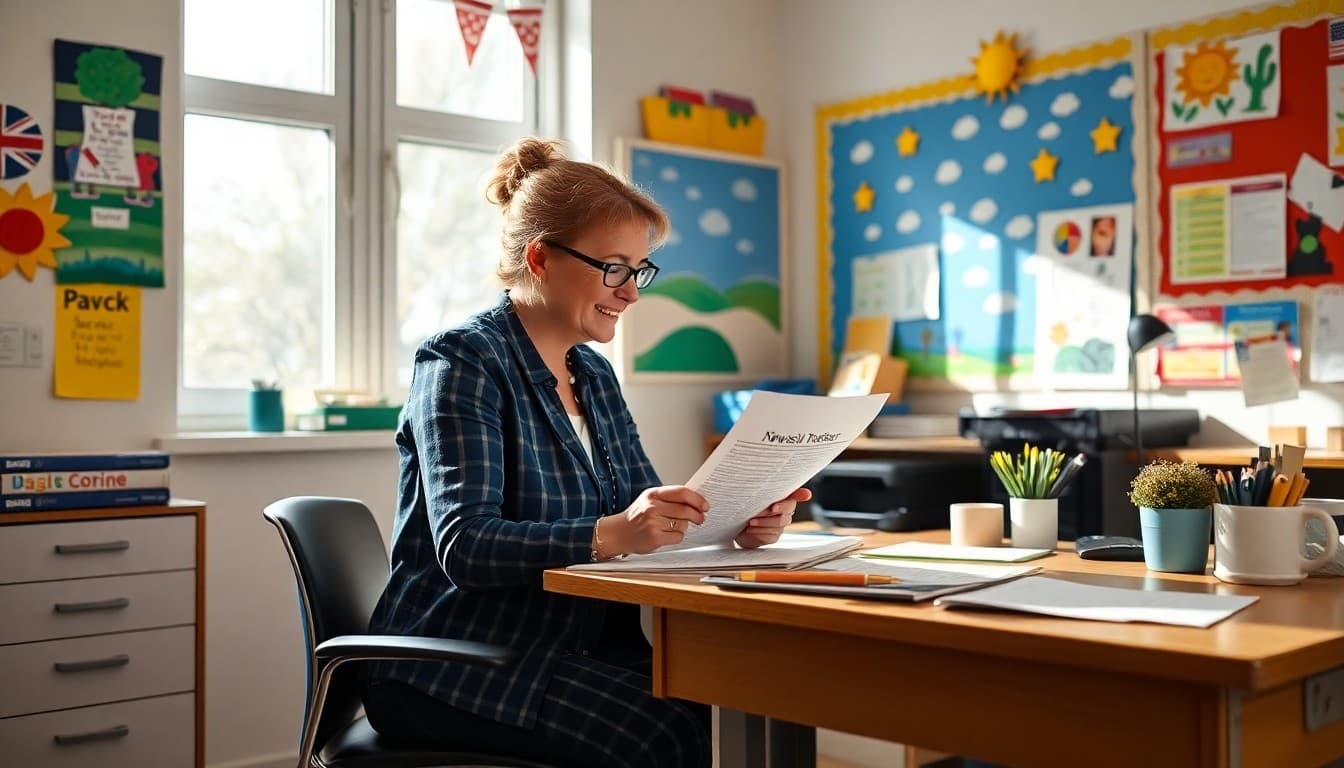 Teacher preparing the final June newsletter of the school year at a desk decorated with student artwork