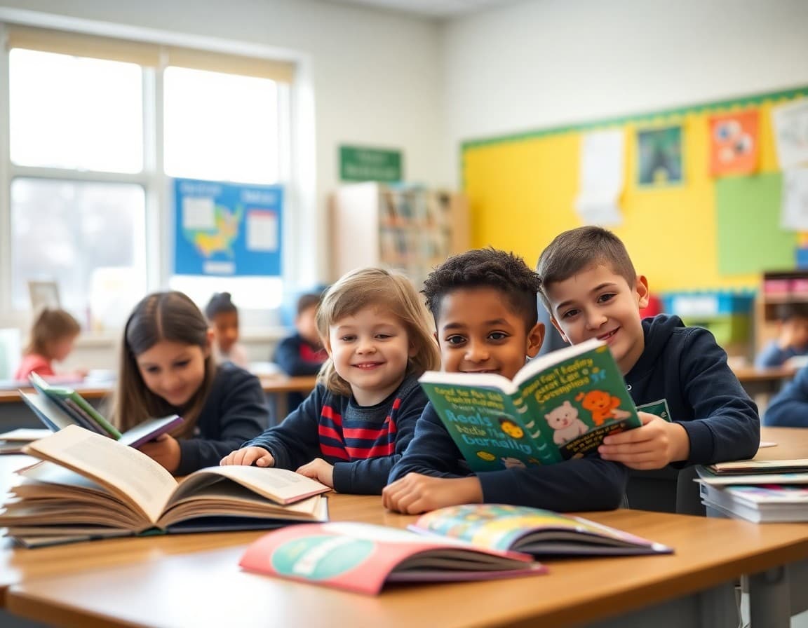 Students participating in Read Across America activities in a cheerful elementary classroom in March