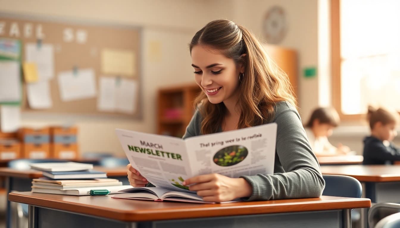 Teacher creating a March newsletter with spring themes and reading month activities on a classroom desk