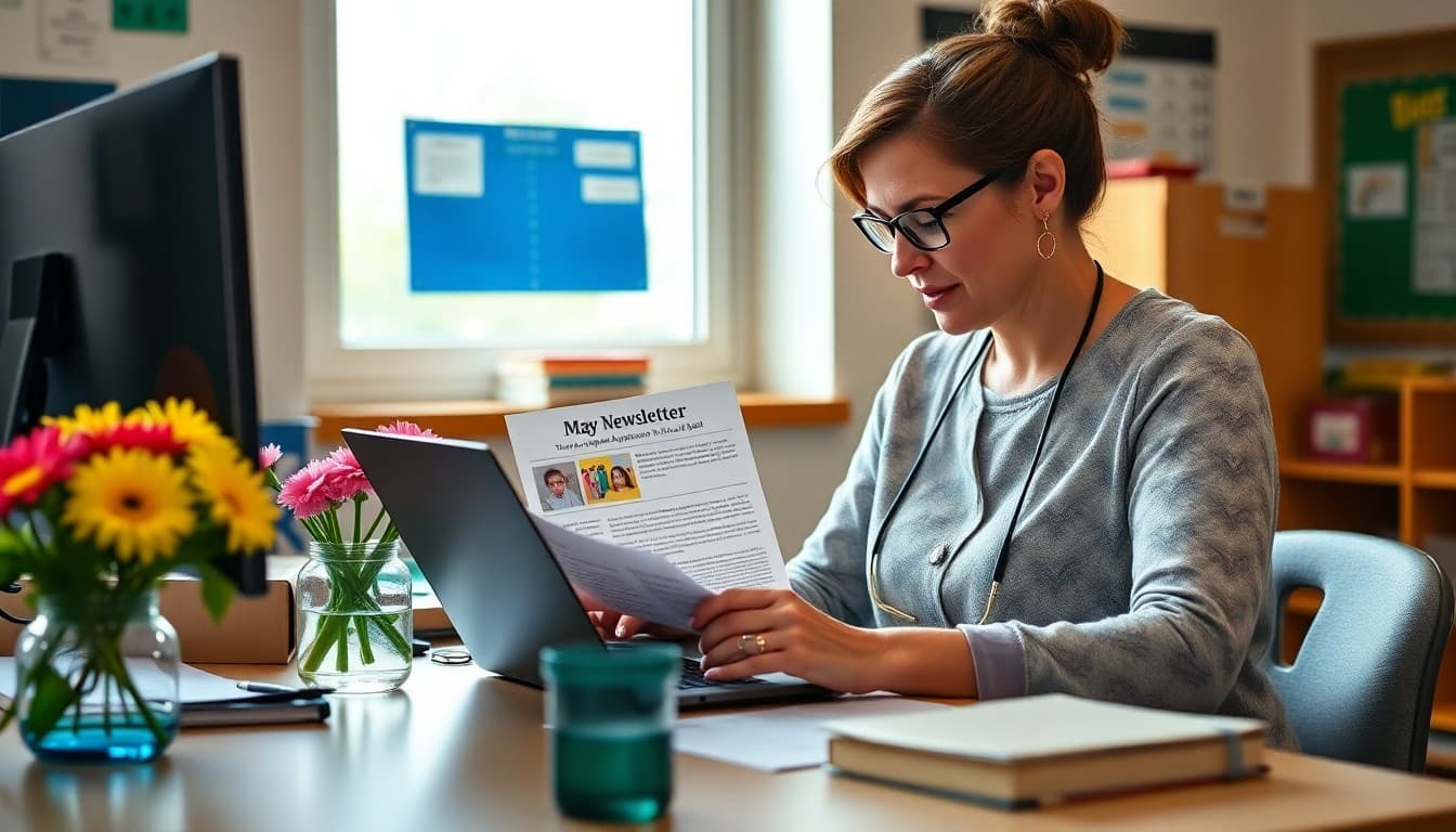 Teacher creating a May newsletter featuring Teacher Appreciation Week and end-of-year events at a flower-decorated desk