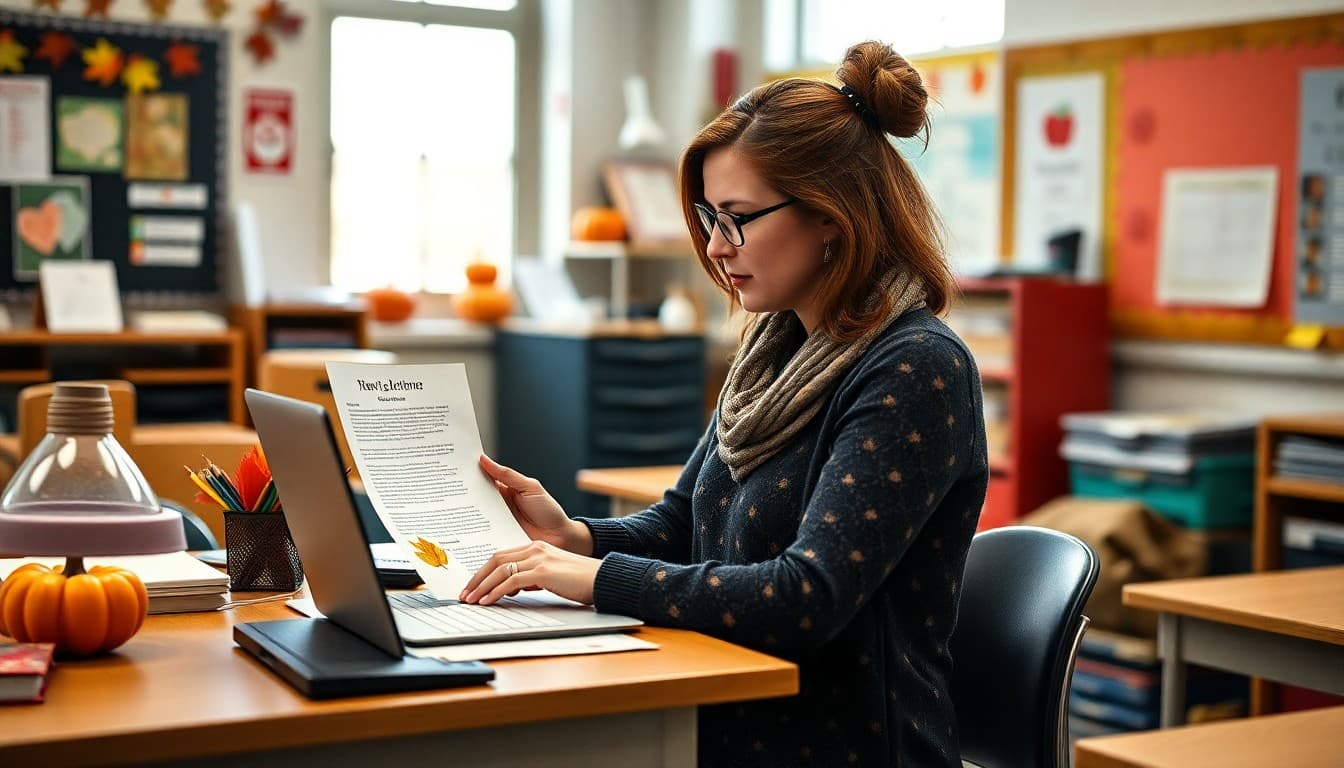 Teacher creating a November newsletter with gratitude and family themes at a fall-decorated classroom desk
