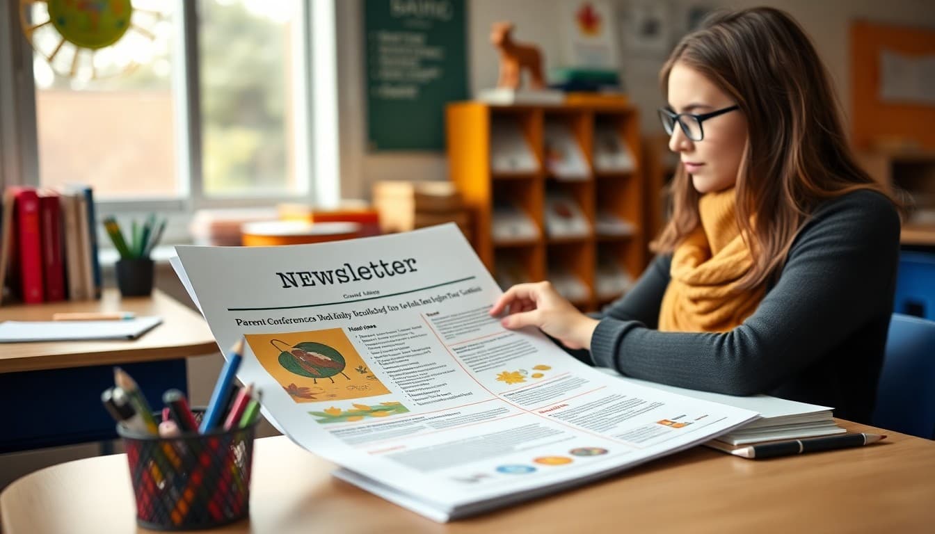 Teacher preparing an October newsletter with fall themes and parent conference information at a school desk
