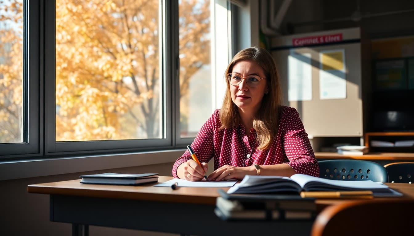 Teacher writing a September newsletter at a desk with fall leaves visible through the classroom window