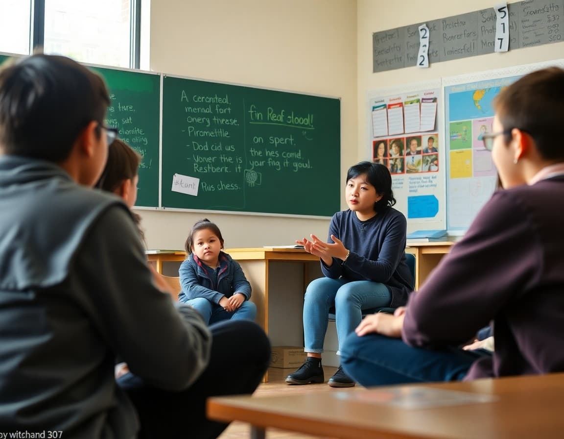 Teacher facilitating restorative circle with students at school