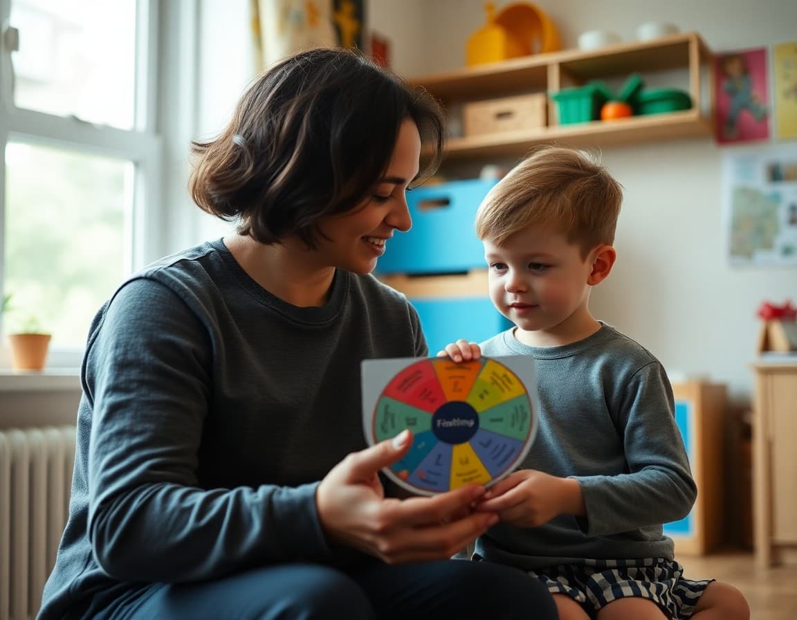 Parent and child having an emotions conversation using a feelings wheel at home