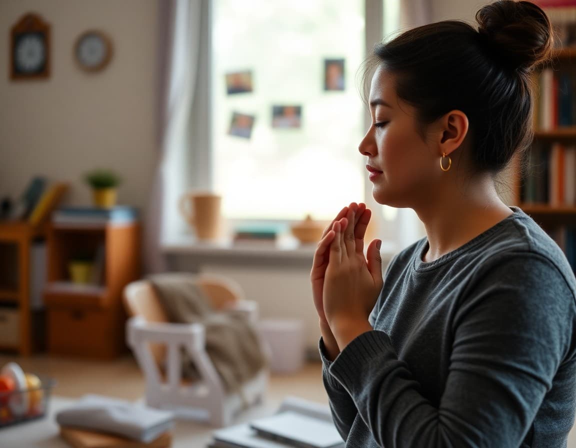 Parent and child practicing a calming breathing technique together at home