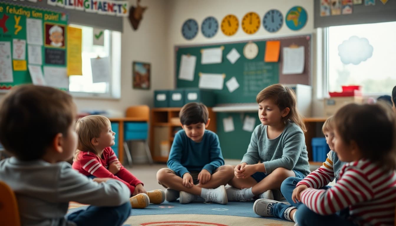 Elementary students learning calming strategies at a feelings corner in a classroom