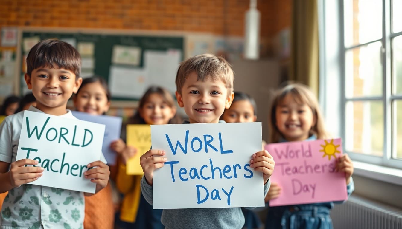 Students and families celebrating World Teachers Day with handmade signs and appreciation cards
