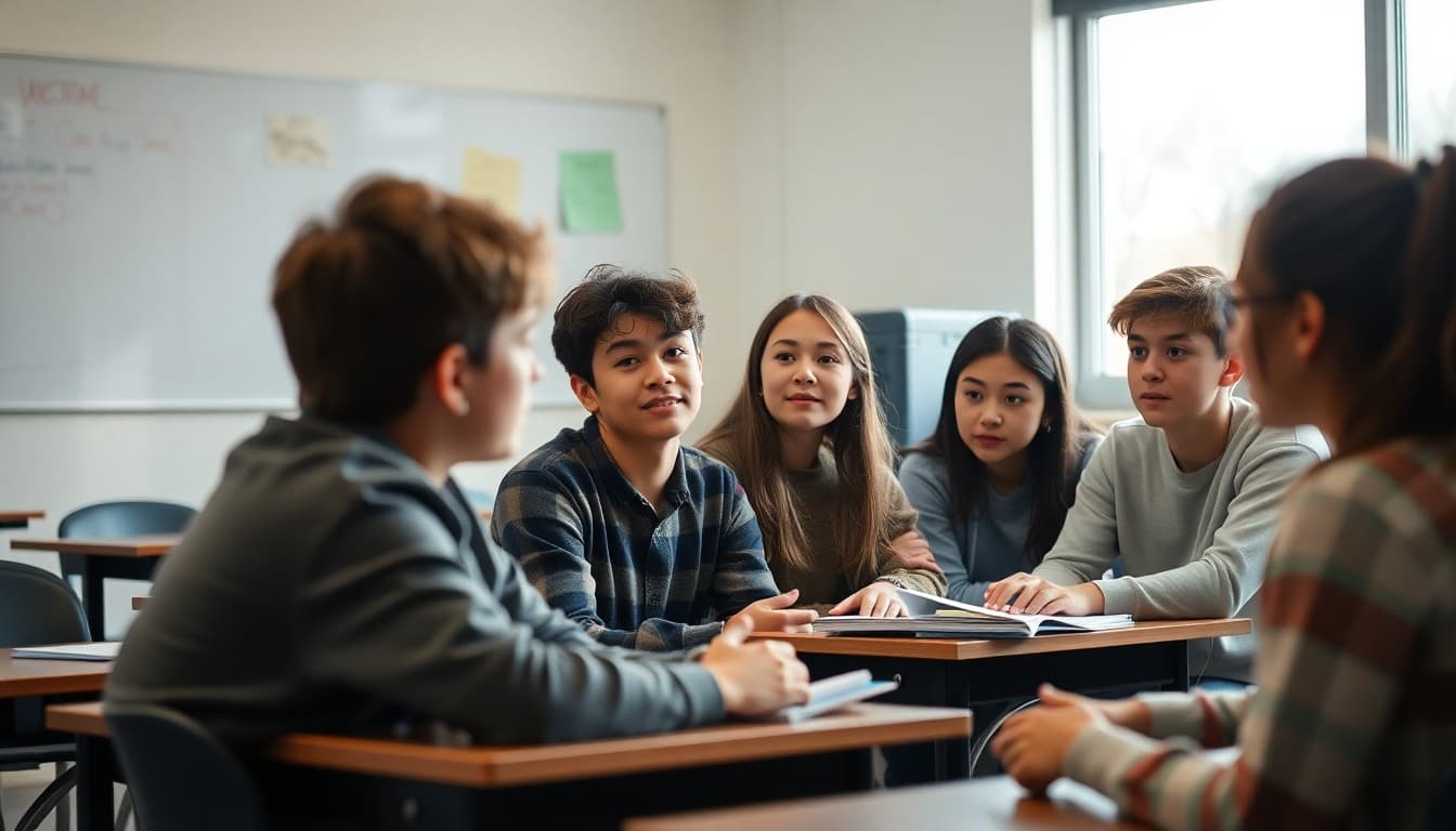 High school students in a guided SEL discussion about emotions and self-awareness in a classroom