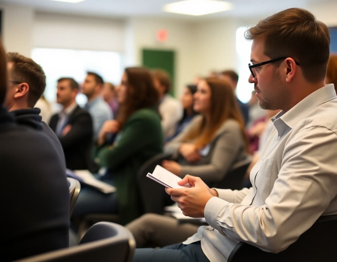 Conference attendee taking notes during education keynote presentation