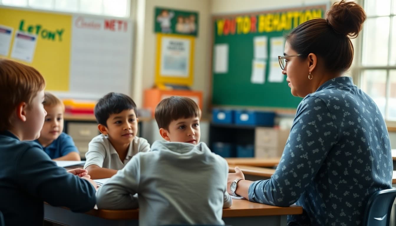 Teacher reviewing classroom behavior system with students, preparing to communicate to families