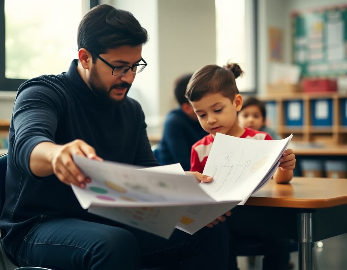 A parent reviewing their child's work samples before a teacher conference